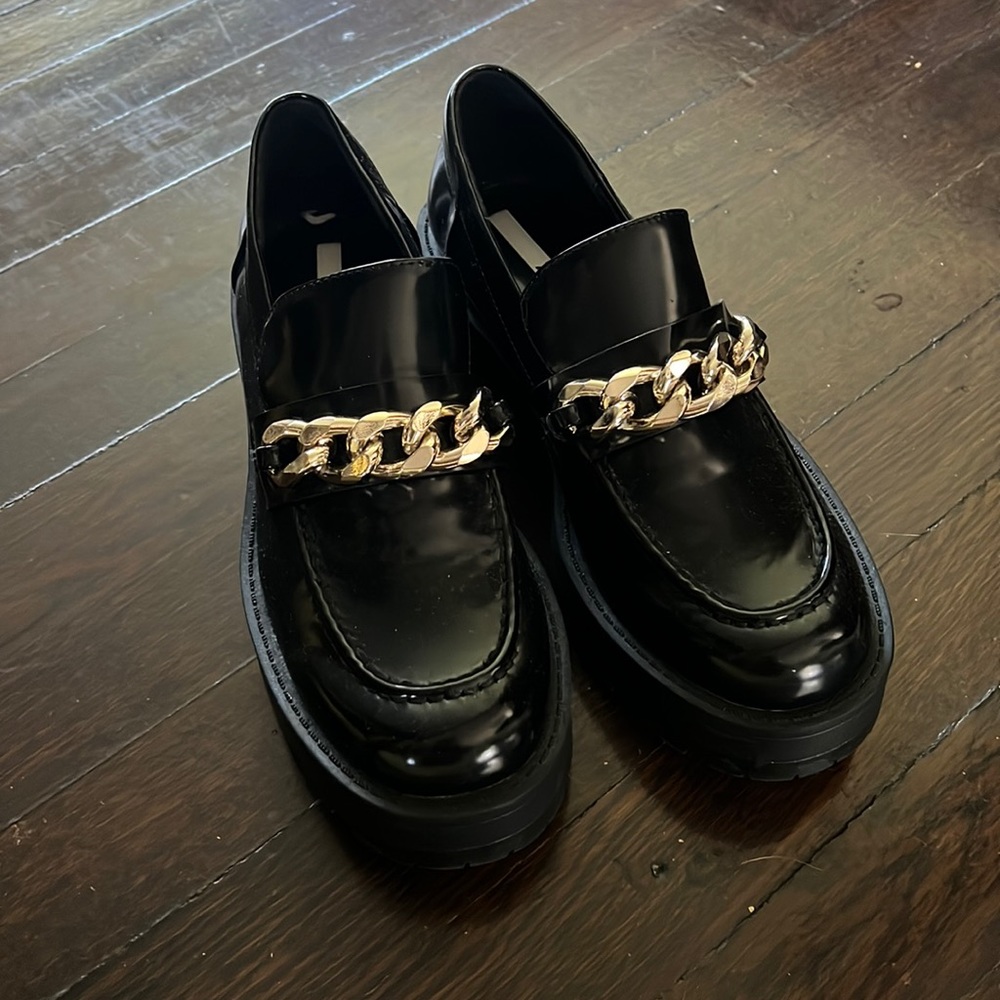 Black Zara chunky loafers with gold buckle details